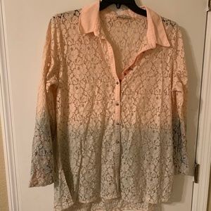 Soft Surroundings, Peach and Aqua, Lace type Shirt. Size Large